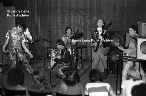 Photo by Jenny Lens Capt Sensible of the Damned jamming with the Weirdos, playing “Pushin’ Too Hard” by The Seeds, a 60s LA band who influenced punk. The Orpheum, April 16, 1977.