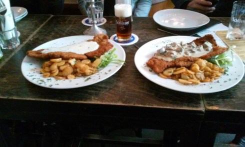 Tale of two schnitzels. One is Weiner Art and one is Jager art. A Dusseldorf Alt stands proudly in its glass.
